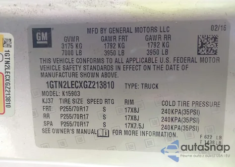 2016 GMC Sierra 1500 z USA, uszkodzony, nr VIN 1GTN2LECXGZ213810